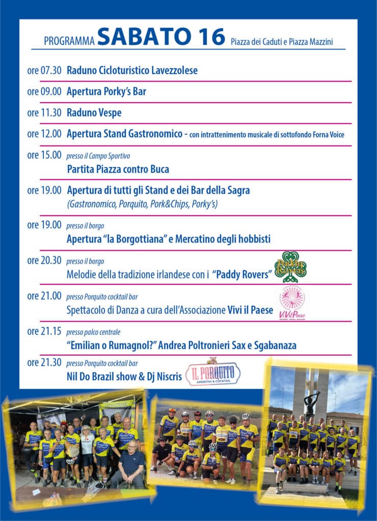 Programma della Sagra di Lavezzola di sabato 16 maggio 2026