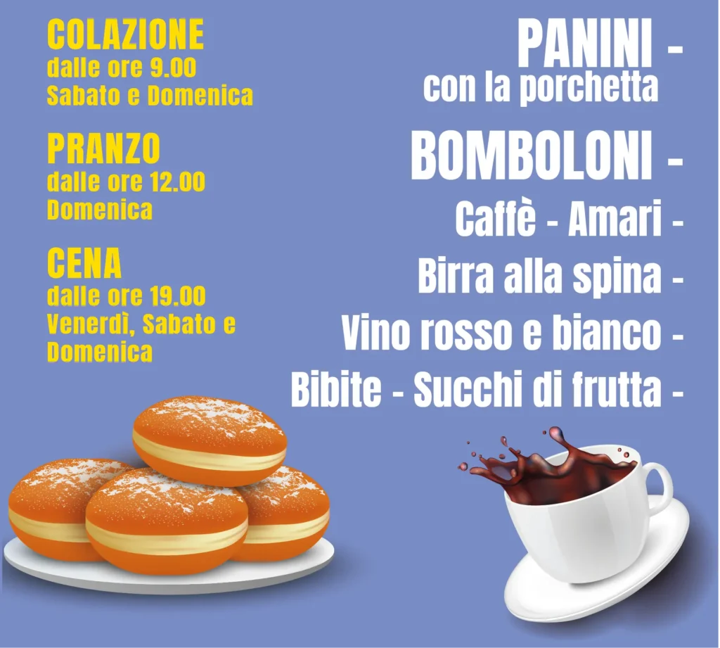 Menù e orari di Porky’s Bar con colazioni, panini alla porchetta, bomboloni e bevande